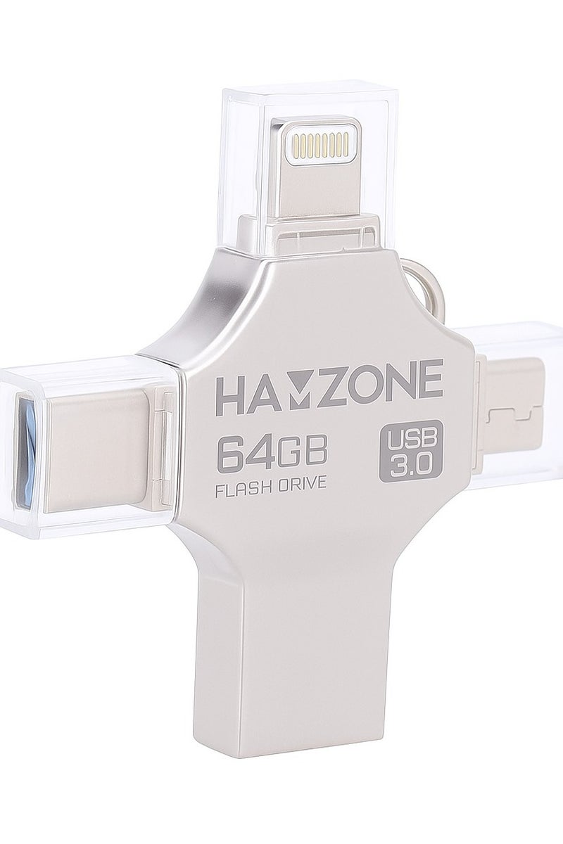 هامزون فلاشة OTG عالية السرعة متعددة الوظائف 4 في 1 – 64 جيجابايت، متوافقة مع Type-C، USB 3.0، iOS وMicro USB - Image 1