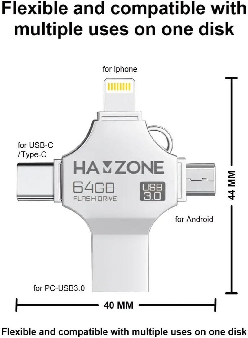 Hamzone 64GB OTG USB Flash Drive, USB 3.0 Memory Stick with 5Gbps Fast Transfer Speed, 4 in 1 Type C, Lightning, Micro USB and USB A for iPhone, iPad, Android, MacBook and PC - Image 2