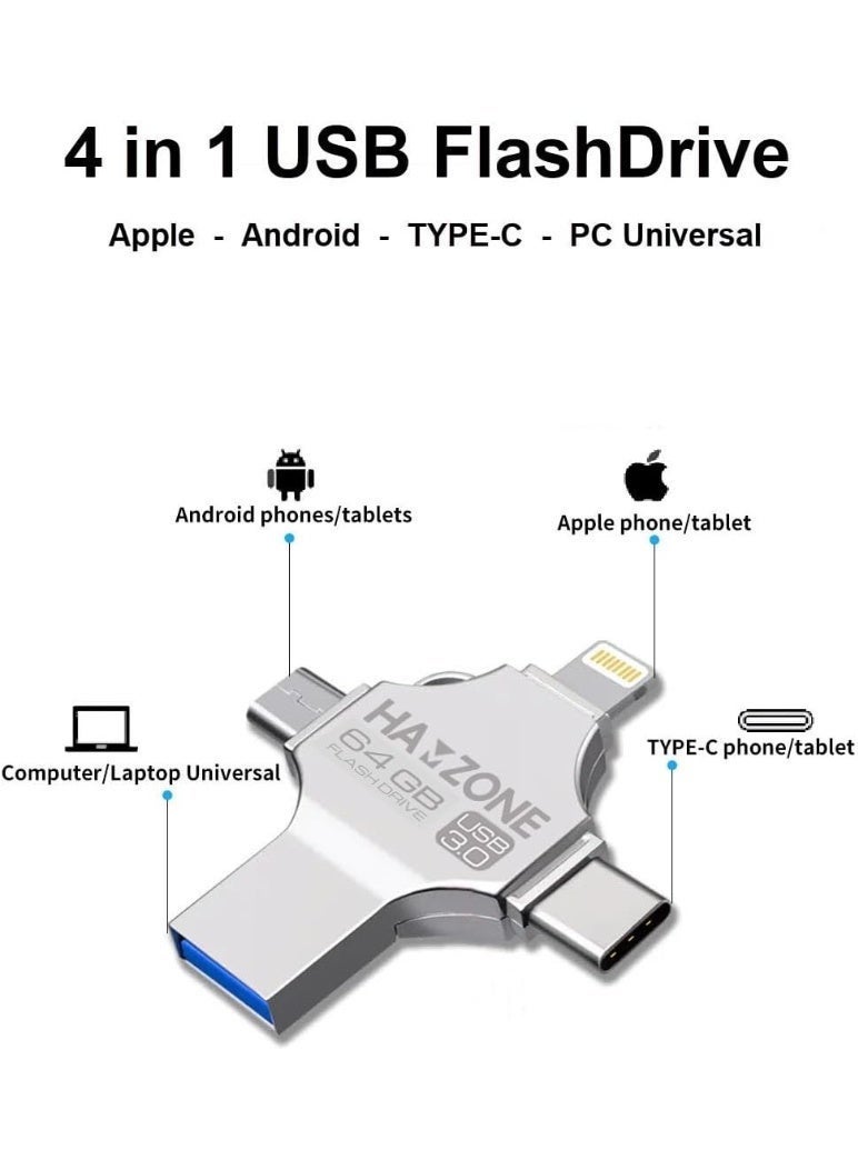 Hamzone 64GB OTG USB Flash Drive, USB 3.0 Memory Stick with 5Gbps Fast Transfer Speed, 4 in 1 Type C, Lightning, Micro USB and USB A for iPhone, iPad, Android, MacBook and PC - Image 3