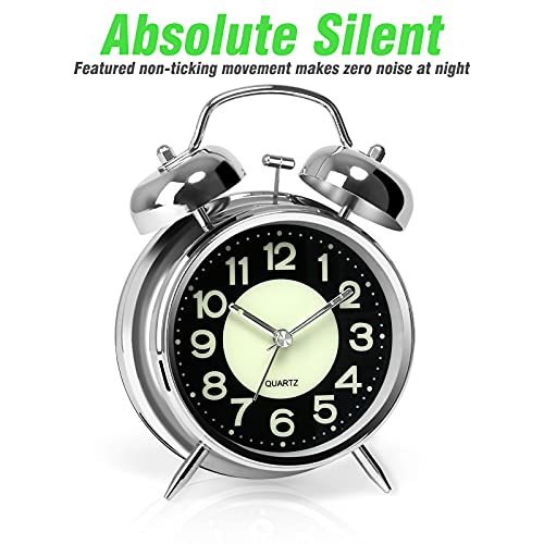 AYRELY® Super Loud Alarm Clock for Heavy Sleepers Adults,Twin Bell Retro 4 Inch Silent Non-Ticking Quartz with Backlight, Luminous dial, Alarm Clocks for Bedrooms Bedside (Silver) - Image 2