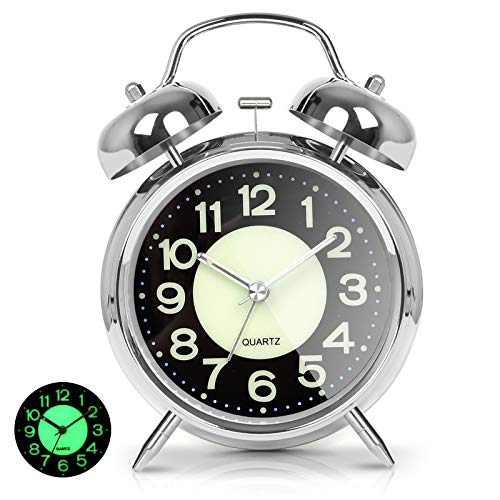 AYRELY® Super Loud Alarm Clock for Heavy Sleepers Adults,Twin Bell Retro 4 Inch Silent Non-Ticking Quartz with Backlight, Luminous dial, Alarm Clocks for Bedrooms Bedside (Silver) - Image 1