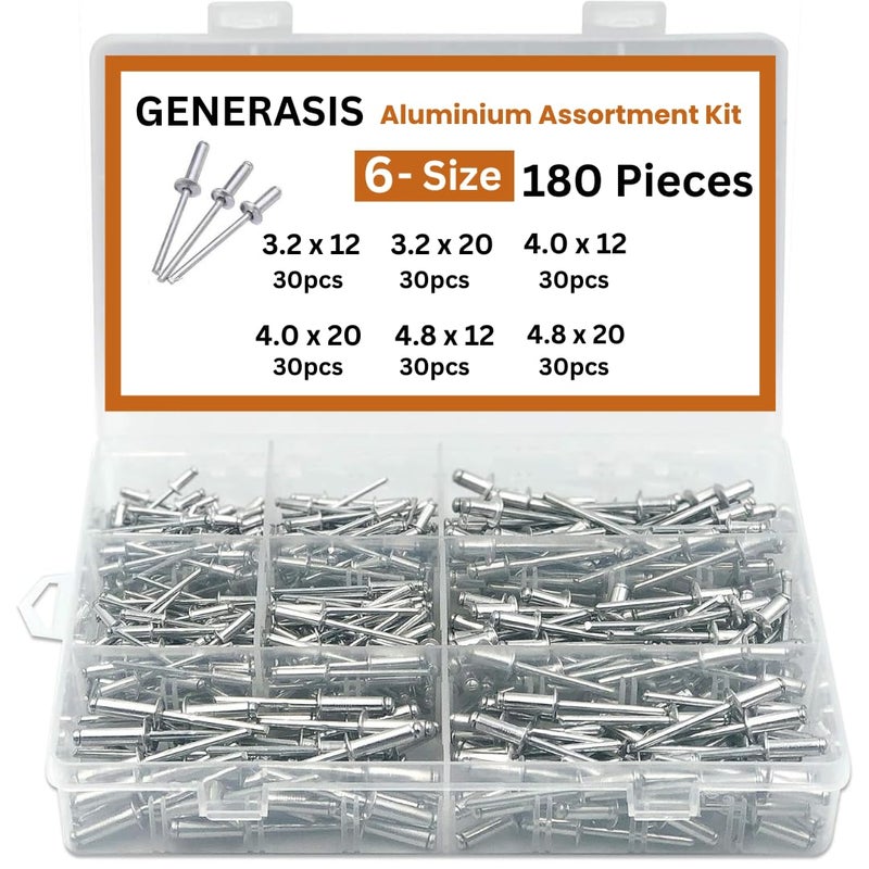 GENERASIS - 6 حجم | مجموعة مسامير ألومنيوم عمياء متنوعة، مسامير معدنية POP لآلة التثبيت / دبوس التثبيت المتنوع (6 حجم - 180 قطعة) - Image 1