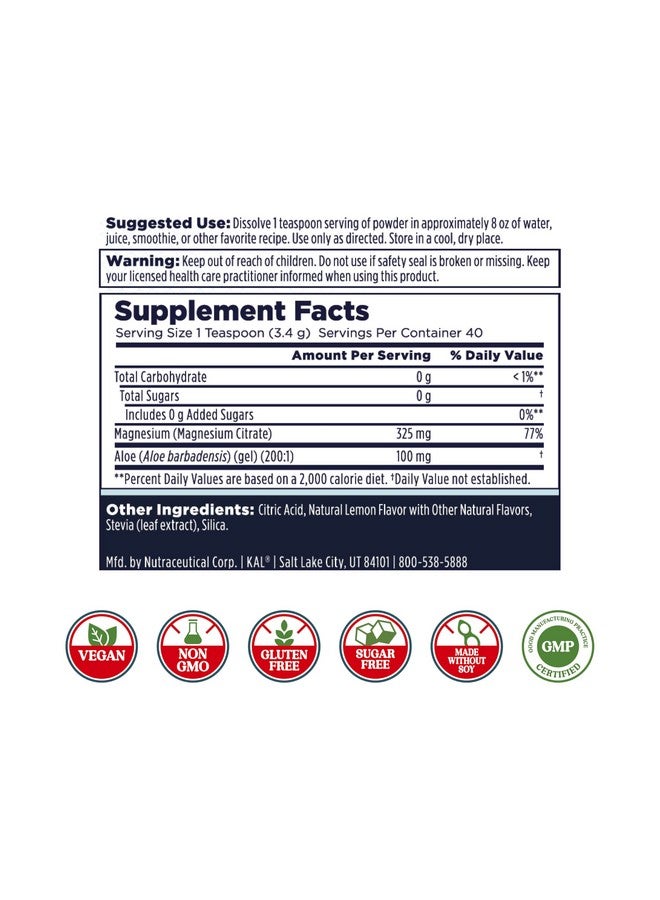KAL Gut Magnesium Plus Aloe Vera Powder - Lemon Drink Mix - Magnesium Citrate Supplement with Aloe Vera Gel for Digestion & Relaxation Support - No Sugar - 60-Day Guarantee, 40 Servings, 4.8 OZ - Image 2