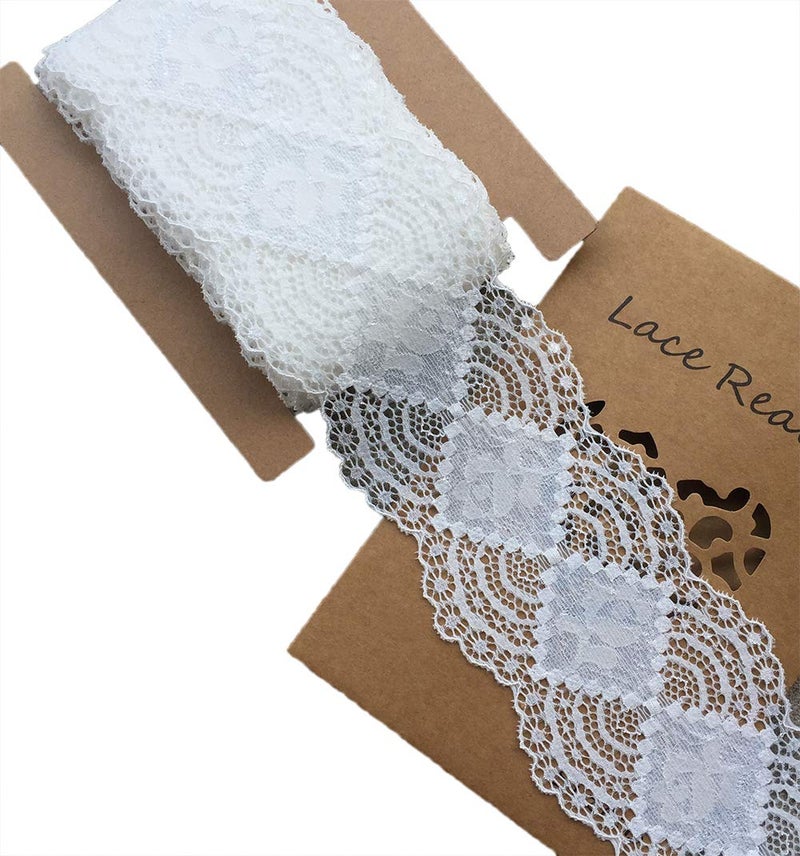 LaceRealm 3 Inch Wide10 Yards Stretch Floral Pattern Lace Ribbon Trim Lace for Headbands Garters Crafts 5508 White