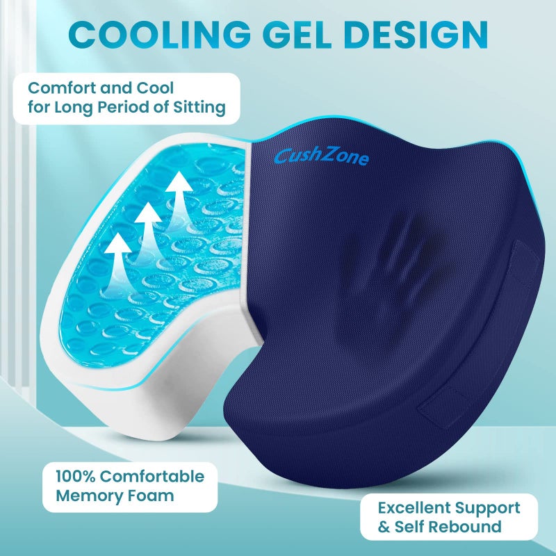 CushZone Office Chair Seat Cushion, Cooling Gel Enhanced Memory Foam Cushion for Long Sitting - Back, Sciatica, Coccyx, Tailbone Pain Relief Pillow - for Office, Gaming, Car, Wheelchair - Blue, X-Large - Image 2