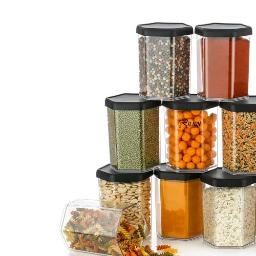 RILION Hexagon Air Tight Kitchen Containers Set (Pack of 6, 1100 ML) for Storage Pulses, Cereals, Grains, Dry Fruits, Pantry Organization and More, Food Grade, BPA Free, Stackable, Transparent - Image 3