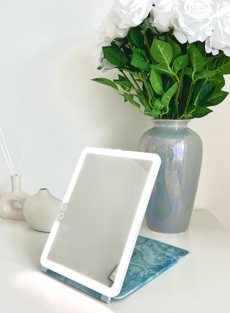 SENSSE Stylish and Sleek Glow Up Teal Marble Mirror with Illuminating LED Technology and USB Port 27x19x2 cm  - Image 1