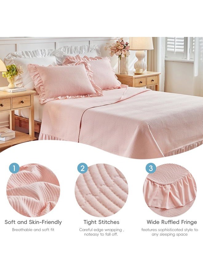 Flysheep 3 Pieces Blush Pink Quilt Set Queen Size, Wide Ruffled Fringe Lightweight Bedspread Bedding Set for All Season (1 Quilt + 2 Shams) - Image 2
