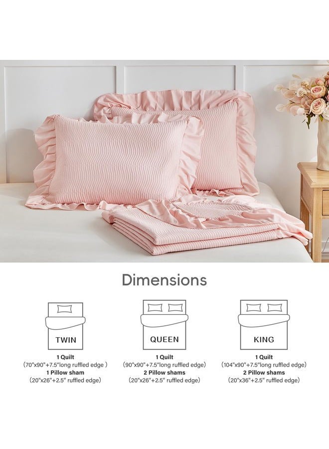 Flysheep 3 Pieces Blush Pink Quilt Set Queen Size, Wide Ruffled Fringe Lightweight Bedspread Bedding Set for All Season (1 Quilt + 2 Shams) - Image 5