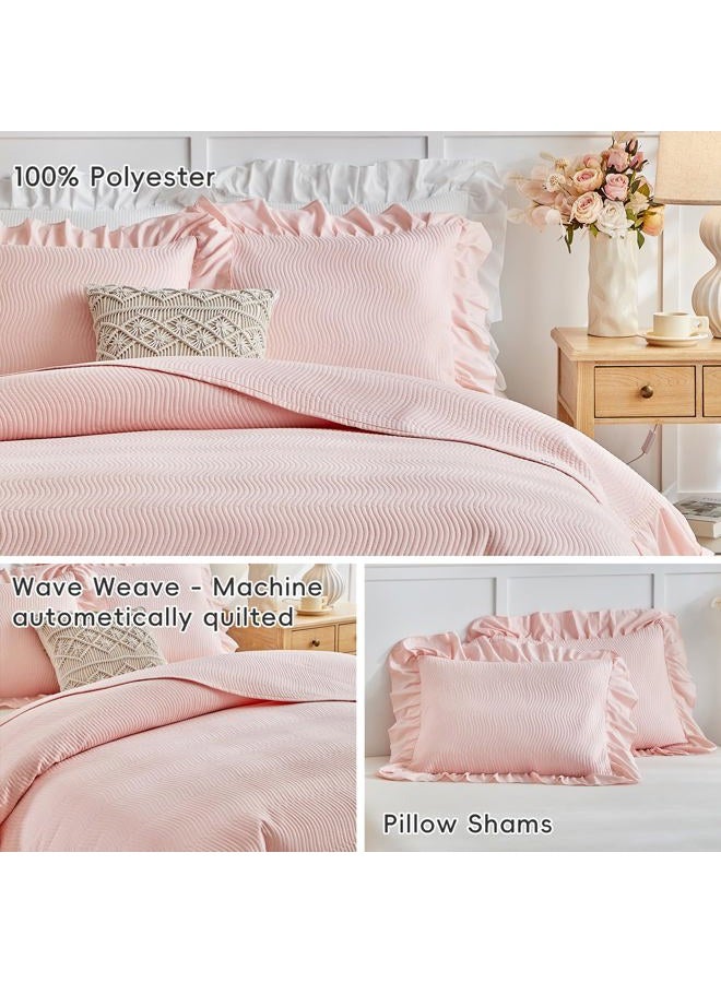 Flysheep 3 Pieces Blush Pink Quilt Set Queen Size, Wide Ruffled Fringe Lightweight Bedspread Bedding Set for All Season (1 Quilt + 2 Shams) - Image 4