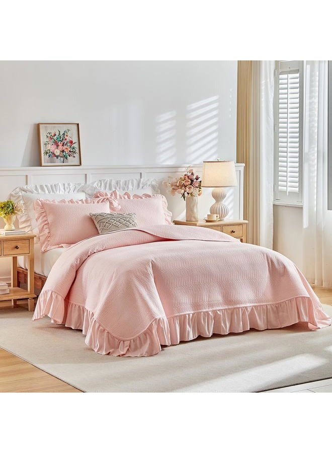 Flysheep 3 Pieces Blush Pink Quilt Set Queen Size, Wide Ruffled Fringe Lightweight Bedspread Bedding Set for All Season (1 Quilt + 2 Shams) - Image 1