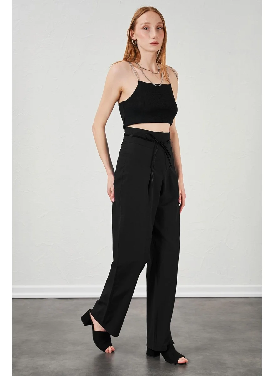 تينا Women's Black High Waist Leather Belted Poplin Trousers