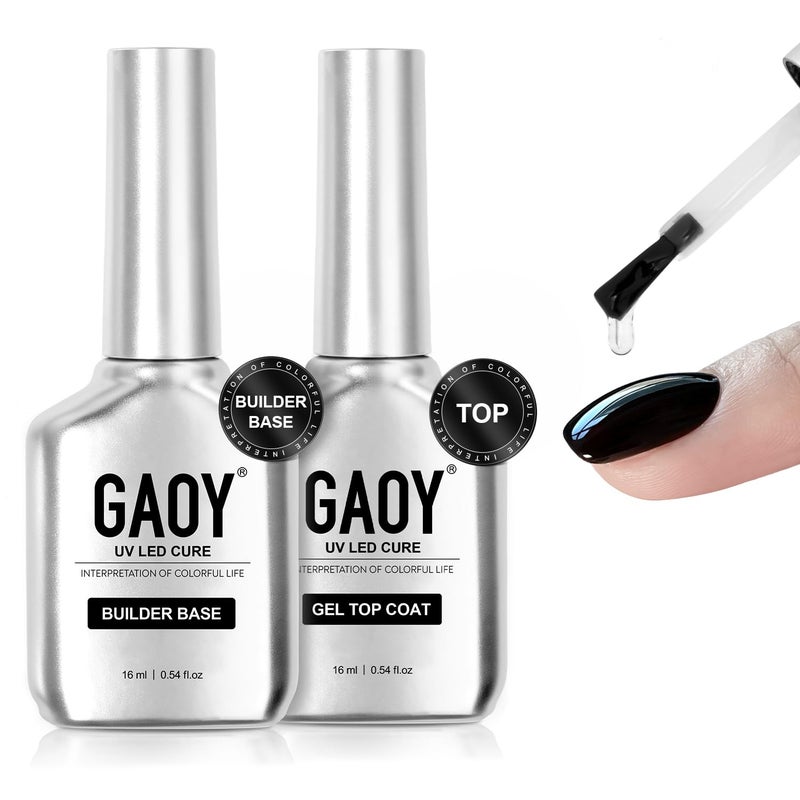 GAOY Glossy Gel Top Coat and Builder Base Set, 2 Pcs 16ml Glassy Top Coat and Clear Rubber Base Nail Strengthener Combination for UV Light Cure Gel Nail Polish - Image 1