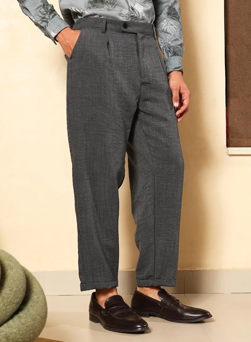 CAHOOT  Men Pleated-Dobby Tailored Trousers | Mid-Rise , Side-Adjusters Waist | Button Closure , Cuffed-Straight Hem | Solid Dobby | Woven Fabric For Casual & Daily Wear | Charcoal Grey for Men | Best Price UAE