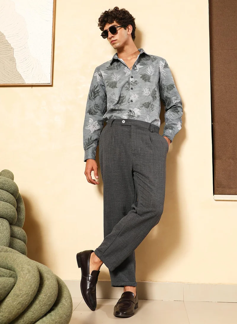 CAHOOT  Men Pleated-Dobby Tailored Trousers | Mid-Rise , Side-Adjusters Waist | Button Closure , Cuffed-Straight Hem | Solid Dobby | Woven Fabric For Casual & Daily Wear | Charcoal Grey for Men | Best Price UAE