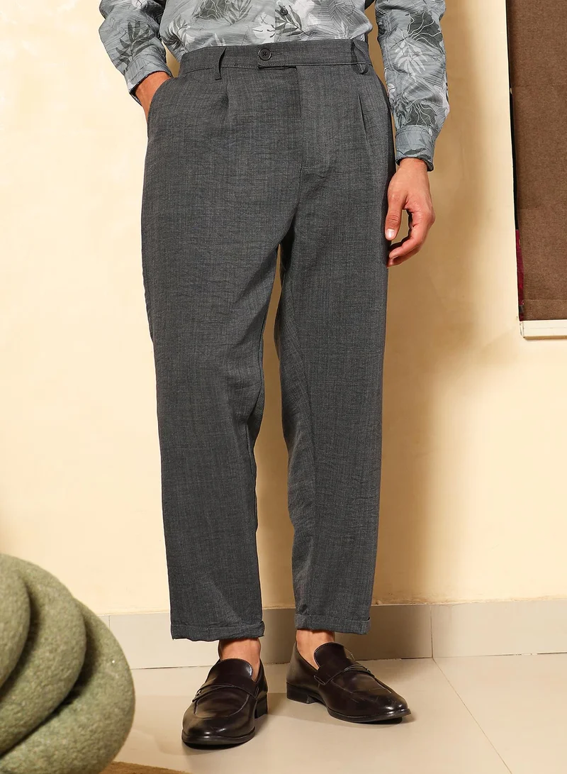Campus Sutra Men Pleated-Dobby Tailored Trousers | Mid-Rise , Side-Adjusters Waist | Button Closure , Cuffed-Straight Hem | Solid Dobby | Woven Fabric For Casual & Daily Wear | Charcoal Grey