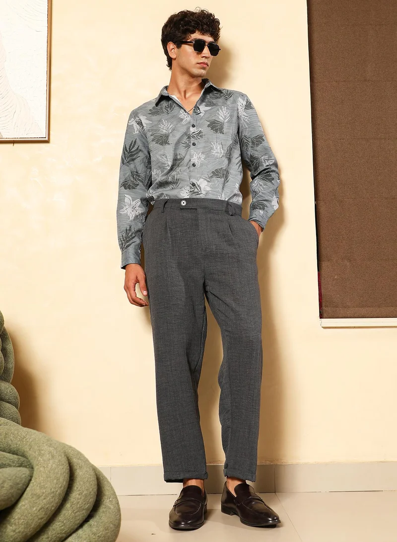 CAHOOT  Men Pleated-Dobby Tailored Trousers | Mid-Rise , Side-Adjusters Waist | Button Closure , Cuffed-Straight Hem | Solid Dobby | Woven Fabric For Casual & Daily Wear | Charcoal Grey for Men | Best Price UAE