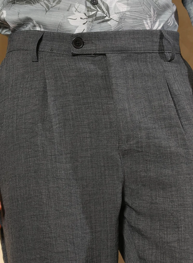 CAHOOT  Men Pleated-Dobby Tailored Trousers | Mid-Rise , Side-Adjusters Waist | Button Closure , Cuffed-Straight Hem | Solid Dobby | Woven Fabric For Casual & Daily Wear | Charcoal Grey for Men | Best Price UAE