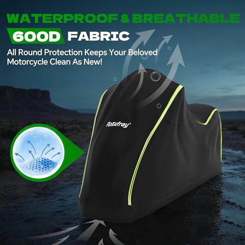 Rosefray Full Enclosed Motorcycle Cover600D Waterproof Motorcycle Cover OutdoorIndoor UV Resistant with Reflective Strips Fits Length up to 965 Motorcycles Yamaha Honda Harley Suzuki Black - Image 3