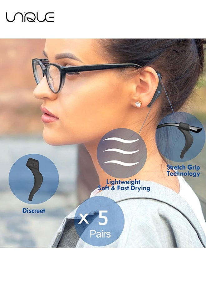 Unique - 5 Pairs Eyeglass Ear Grip - Anti-slip Eyeglasses Ear Cushion Retainer - Eyeglasses Temple Tip Sleeve Retainer (Black) - Image 1