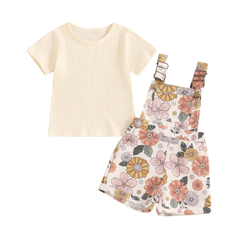 Lucikamy Toddler Baby Girls Summer Outfit Short Sleeve Ribbed Tops + Flower Suspender Overalls Shorts Set Kids Cute Clothes (Beige Top + Flower, 3-4 Years) - Image 1