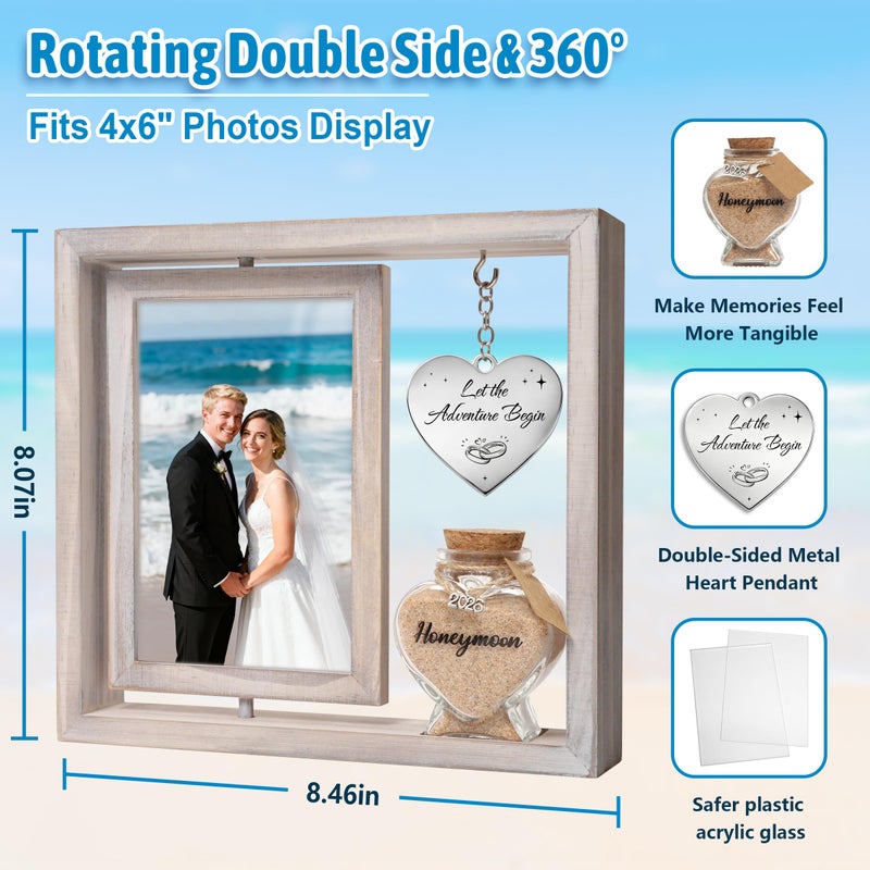 SEEBERY Wedding Gifts for Couples â€“ 360Â° Rotating Double-Sided Picture Frame with Honeymoon Sand Keepsake Jar, Holds Two 4x6 Photos, Ideal for Bridal Shower, Mr & Mrs Engagement and Newlywed Gift Set (Let the adventure begin-White) - Image 2