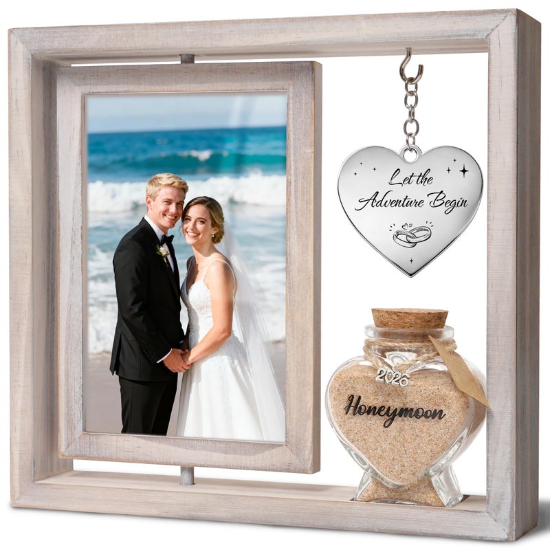 SEEBERY Wedding Gifts for Couples â€“ 360Â° Rotating Double-Sided Picture Frame with Honeymoon Sand Keepsake Jar, Holds Two 4x6 Photos, Ideal for Bridal Shower, Mr & Mrs Engagement and Newlywed Gift Set (Let the adventure begin-White) - Image 1