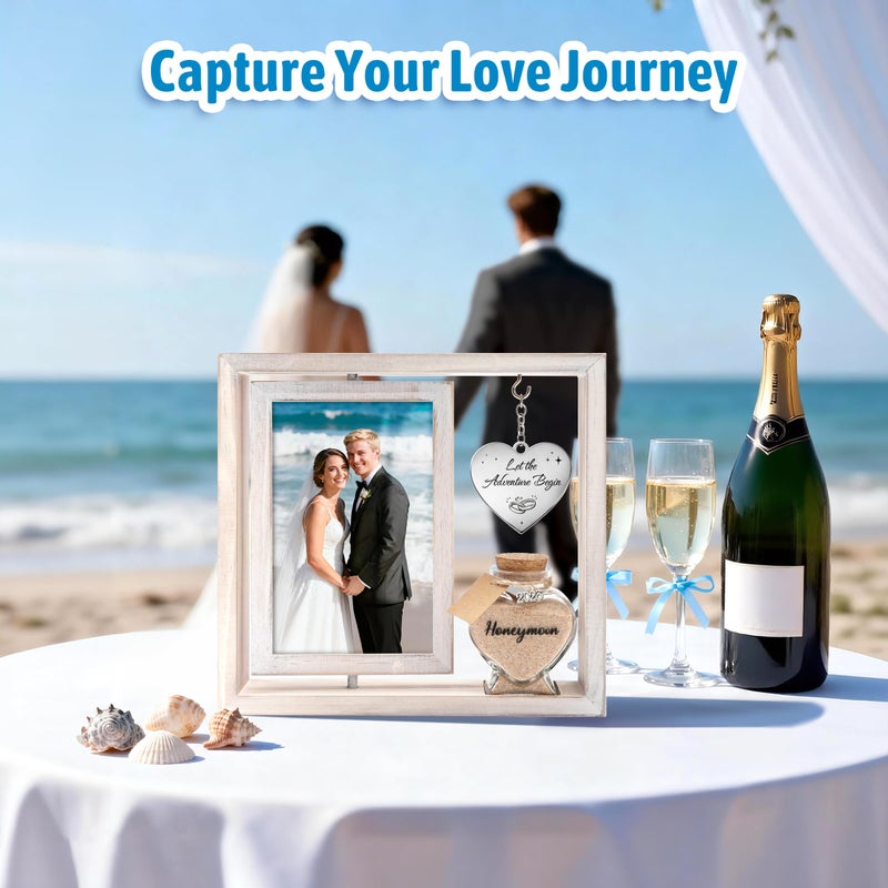 SEEBERY Wedding Gifts for Couples â€“ 360Â° Rotating Double-Sided Picture Frame with Honeymoon Sand Keepsake Jar, Holds Two 4x6 Photos, Ideal for Bridal Shower, Mr & Mrs Engagement and Newlywed Gift Set (Let the adventure begin-White) - Image 4