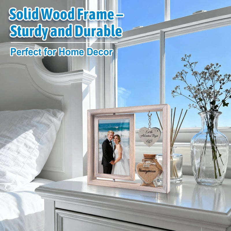 SEEBERY Wedding Gifts for Couples â€“ 360Â° Rotating Double-Sided Picture Frame with Honeymoon Sand Keepsake Jar, Holds Two 4x6 Photos, Ideal for Bridal Shower, Mr & Mrs Engagement and Newlywed Gift Set (Let the adventure begin-White) - Image 5