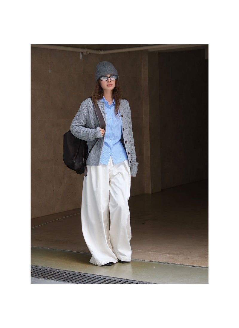 Generic - Autumn Winter Retro Twisted Wool Cardigan Soft Warm Womens Top White gray - Image 1