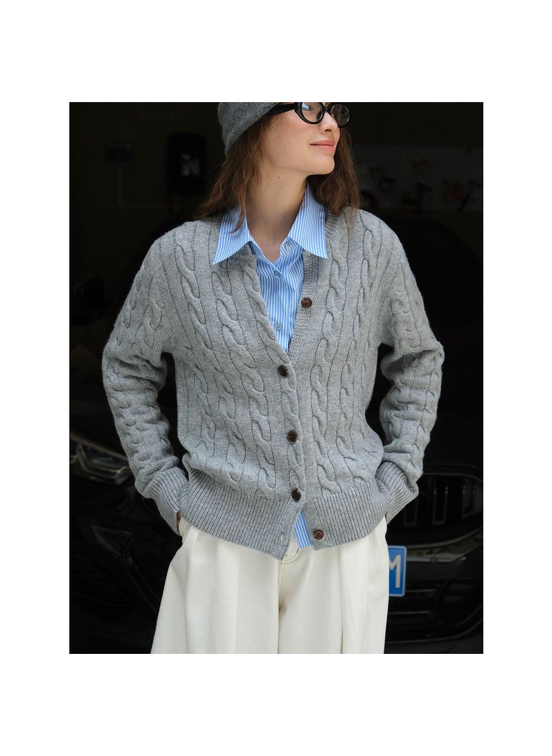 Generic - Autumn Winter Retro Twisted Wool Cardigan Soft Warm Womens Top White gray - Image 1