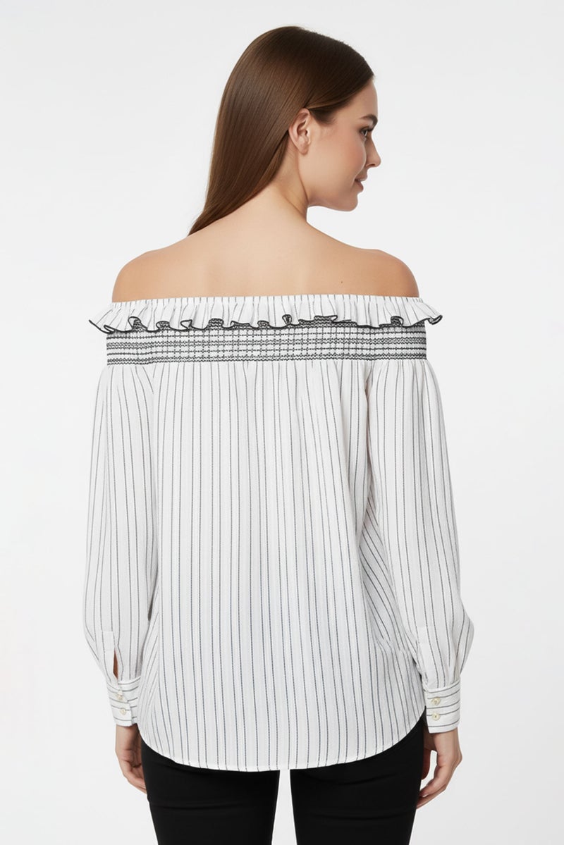 PINKO بلوزة نسائية مستقيمة بأكمام طويلة مخططة، بيضاء - Image 5