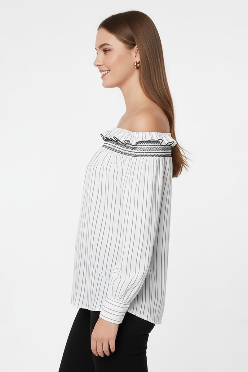 PINKO بلوزة نسائية مستقيمة بأكمام طويلة مخططة، بيضاء - Image 4