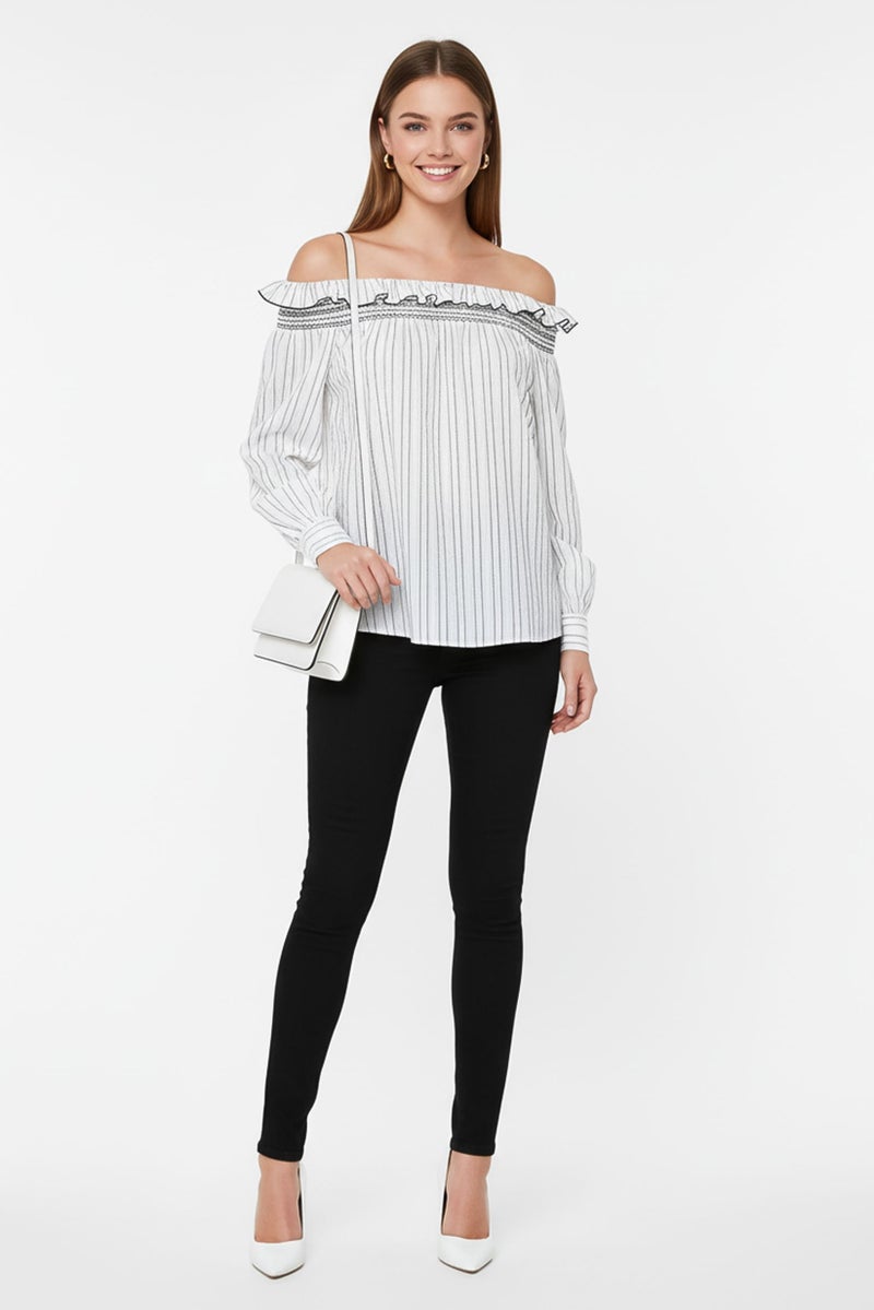 PINKO Women Straight Across Long Sleeve Stripe Blouse, White - Image 2