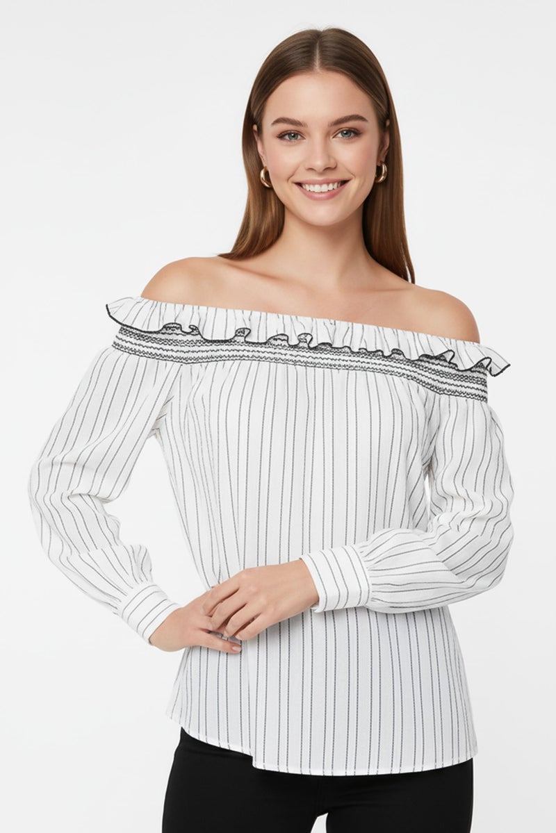 PINKO Women Straight Across Long Sleeve Stripe Blouse, White - Image 1