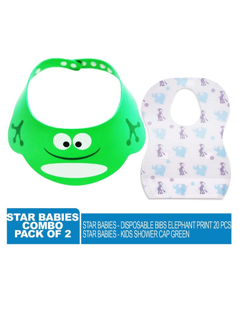 Star Babies - Combo Pack of 2- Kids Shower Cap with Disposable Bibs (20 Pcs) - Green - Image 2