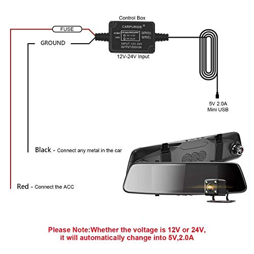 Carpuride Dash Cam Hardwire Kit, Mini USB Port, DC 12V - 24V to 5V/2A Max Car Dash Camera Charger Cable kit with Fuse, Low Voltage Protection for Dash Cam (Mini USB and Fuse Kit) - Image 5