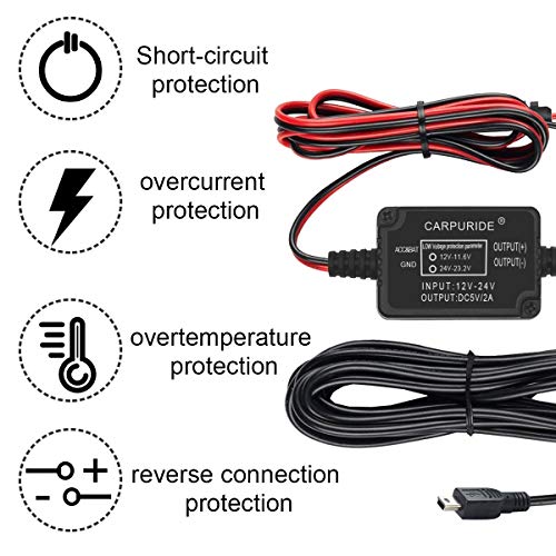 Carpuride Dash Cam Hardwire Kit, Mini USB Port, DC 12V - 24V to 5V/2A Max Car Dash Camera Charger Cable kit with Fuse, Low Voltage Protection for Dash Cam (Mini USB and Fuse Kit) - Image 3