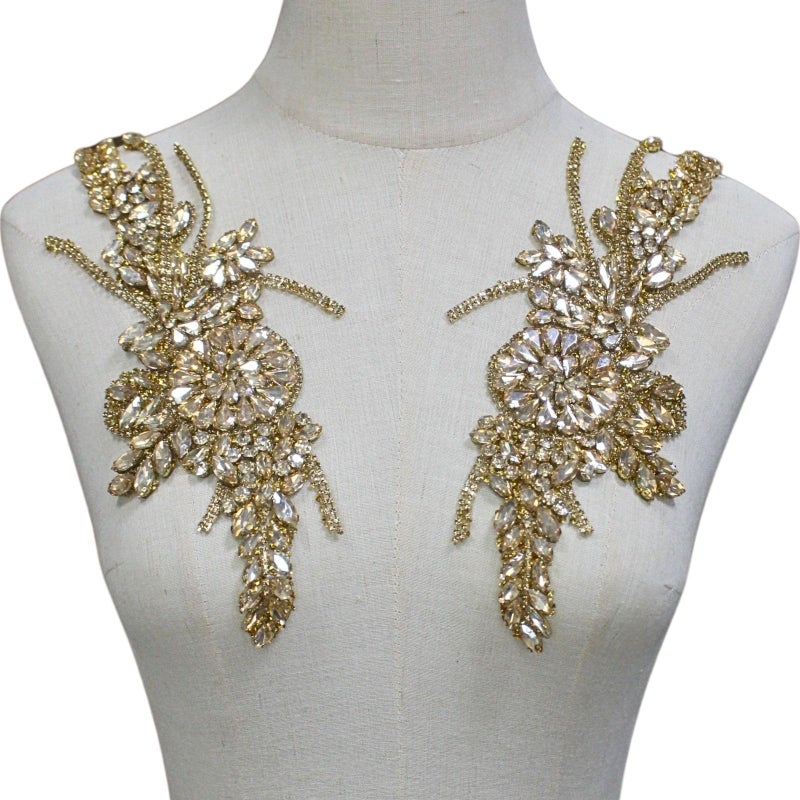 Pearly Jun 1 Pair Rhinestone Beaded Applique Patches Gold Yellow Handcrafted Clothing Diamond Diy For Evening Dresses Bridal Gowns Dance Costumes Embellishments