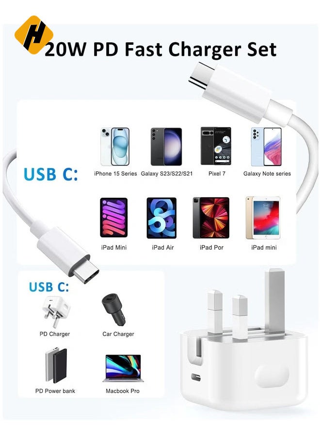 HuHa - 2-Pack USB Type-C Fast Charger for iPhone 15 and Samsung Galaxy – 20W UK Wall PD Adapter with USB-C to C Cable - Image 1
