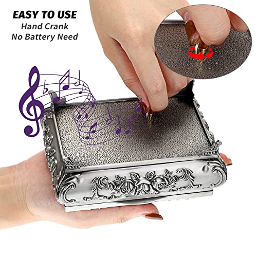 ELLDOO Vintage Music Box, Silver Metal Musical Jewelry Box Keepsake Box, Small Trinket Jewelry Storage Box Gift for Girl Women (Tune: You are My Sunshine) - Image 4