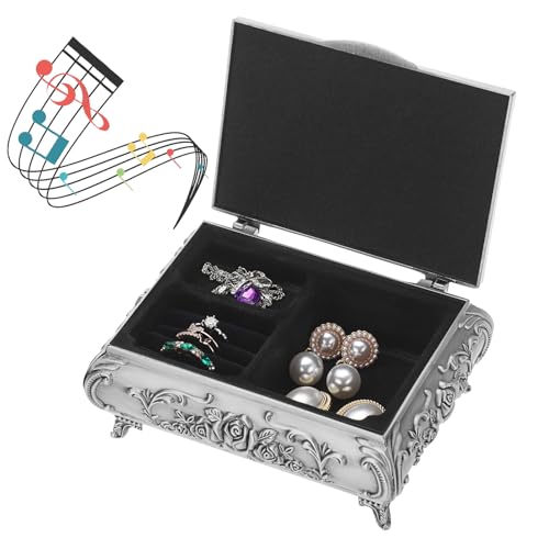 ELLDOO Vintage Music Box, Silver Metal Musical Jewelry Box Keepsake Box, Small Trinket Jewelry Storage Box Gift for Girl Women (Tune: You are My Sunshine) - Image 1