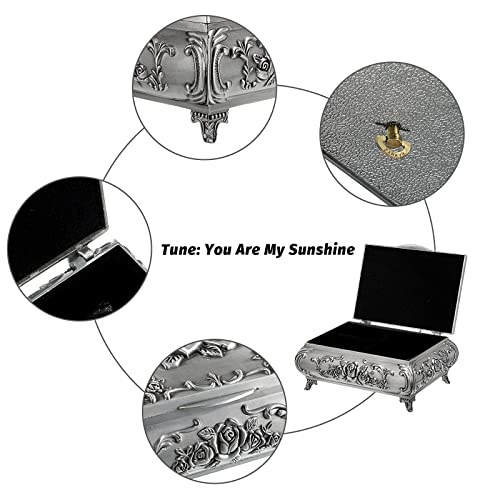 ELLDOO Vintage Music Box, Silver Metal Musical Jewelry Box Keepsake Box, Small Trinket Jewelry Storage Box Gift for Girl Women (Tune: You are My Sunshine) - Image 3