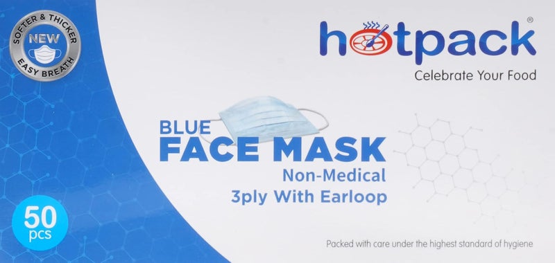 Hotpack Disposable hygiene protective Blue Face Mask 3 Ply, 50 Pieces - Image 1