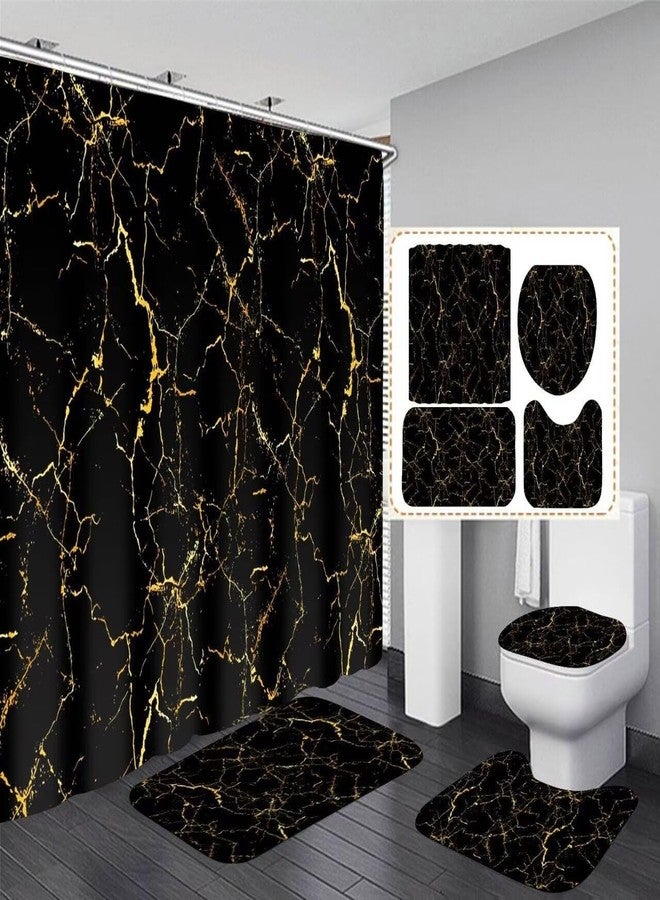 AZHM 4Pcs Shower Curtain Sets Black and Gold Marble Bathroom Sets with Shower Curtain and Rugs and Accessories Luxury Bathroom Curtain Decor Sets with 12 Hooks - Image 1
