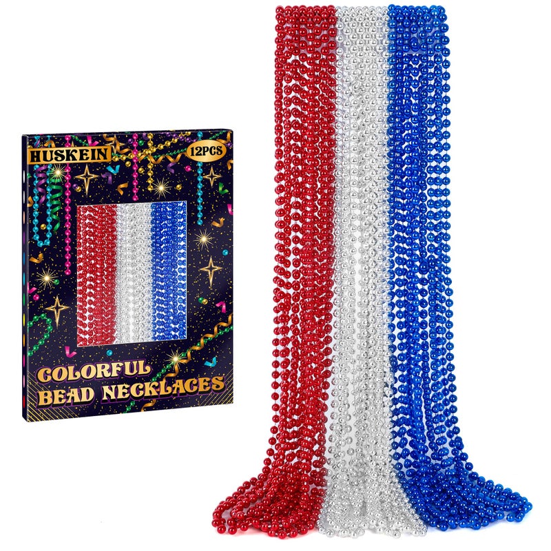 Huskein 12 PCS 4th of July Beads Necklaces, 33" Red Silver Blue Beaded Necklaces Bulk, Patriotic Round Beads, Independence Day Parade Suppliesfor Fourth of July Party Accessories Decorations Favors - Image 1