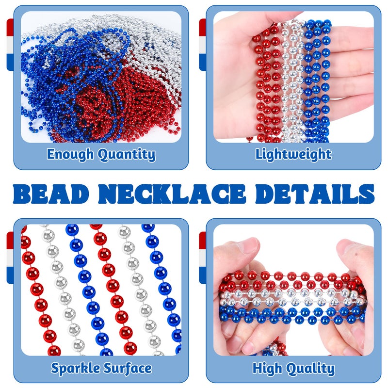 Huskein 12 PCS 4th of July Beads Necklaces, 33" Red Silver Blue Beaded Necklaces Bulk, Patriotic Round Beads, Independence Day Parade Suppliesfor Fourth of July Party Accessories Decorations Favors - Image 3