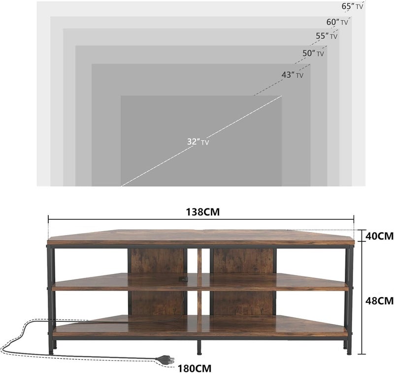 Bentifar Corner TV Stand with Power Outlet for 32–60 Inch TVs, Industrial Entertainment Center with 4 Open Storage Shelves and Metal Frame, TV Console Table for Living Room or Bedroom - Image 2