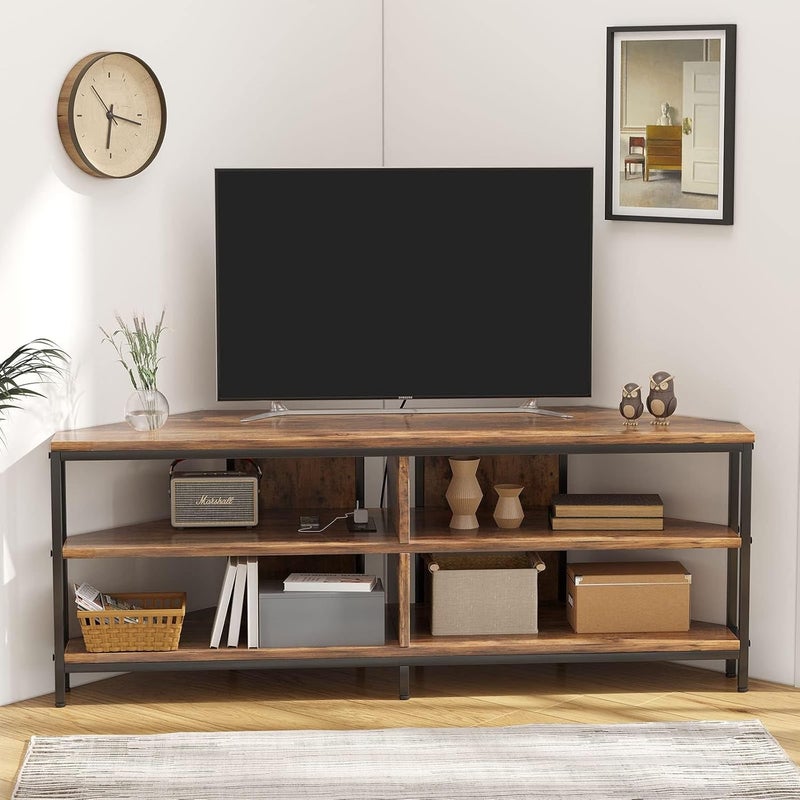 Bentifar Corner TV Stand with Power Outlet for 32–60 Inch TVs, Industrial Entertainment Center with 4 Open Storage Shelves and Metal Frame, TV Console Table for Living Room or Bedroom - Image 3
