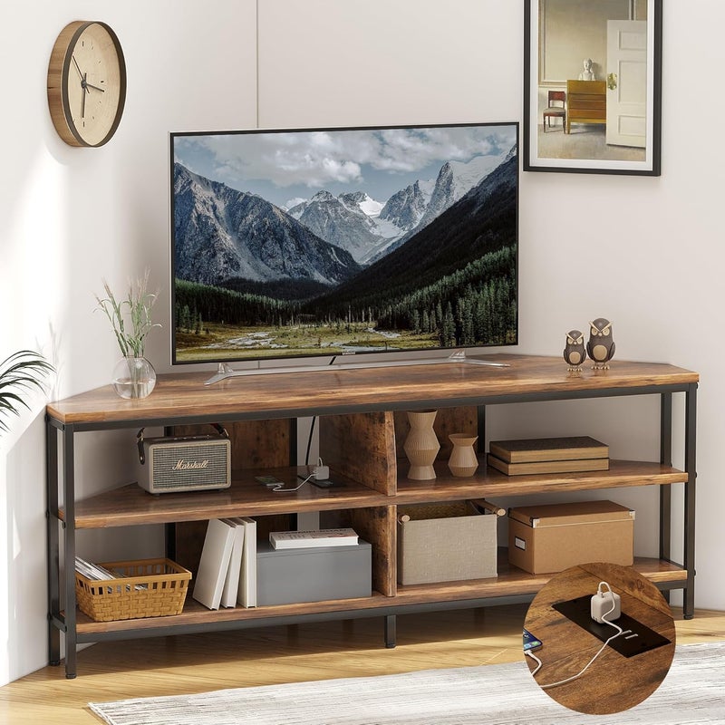 Bentifar Corner TV Stand with Power Outlet for 32–60 Inch TVs, Industrial Entertainment Center with 4 Open Storage Shelves and Metal Frame, TV Console Table for Living Room or Bedroom - Image 1